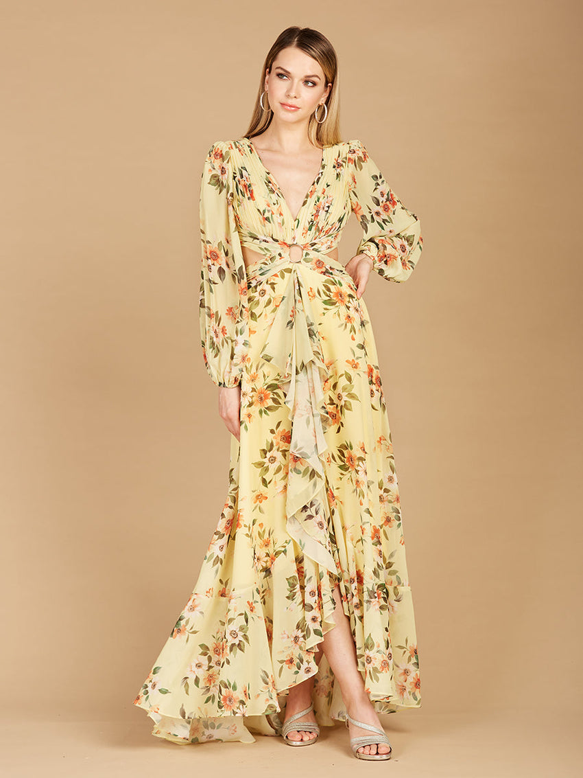 Long Sleeve V-Neck, Layered Skirt Print Dress- OUTLET - Glamourous Grace