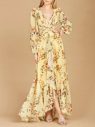 Long Sleeve V-Neck, Layered Skirt Print Dress- OUTLET - Glamourous Grace