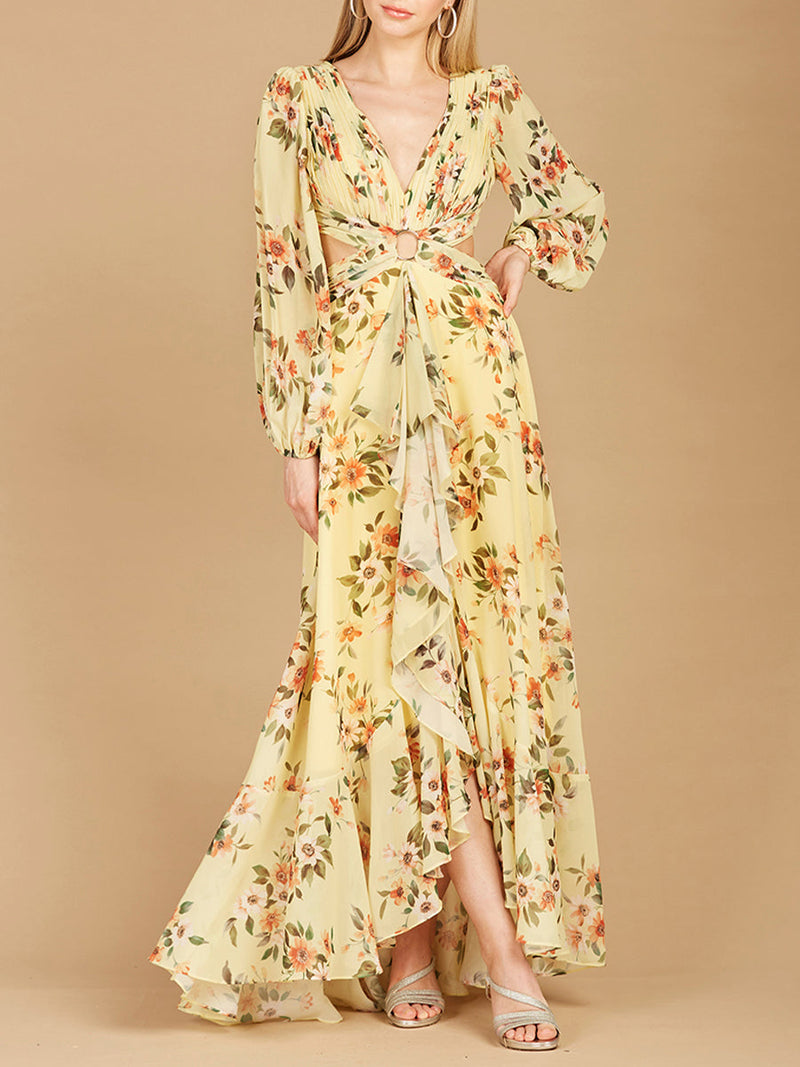 Long Sleeve V-Neck, Layered Skirt Print Dress- OUTLET - Glamourous Grace