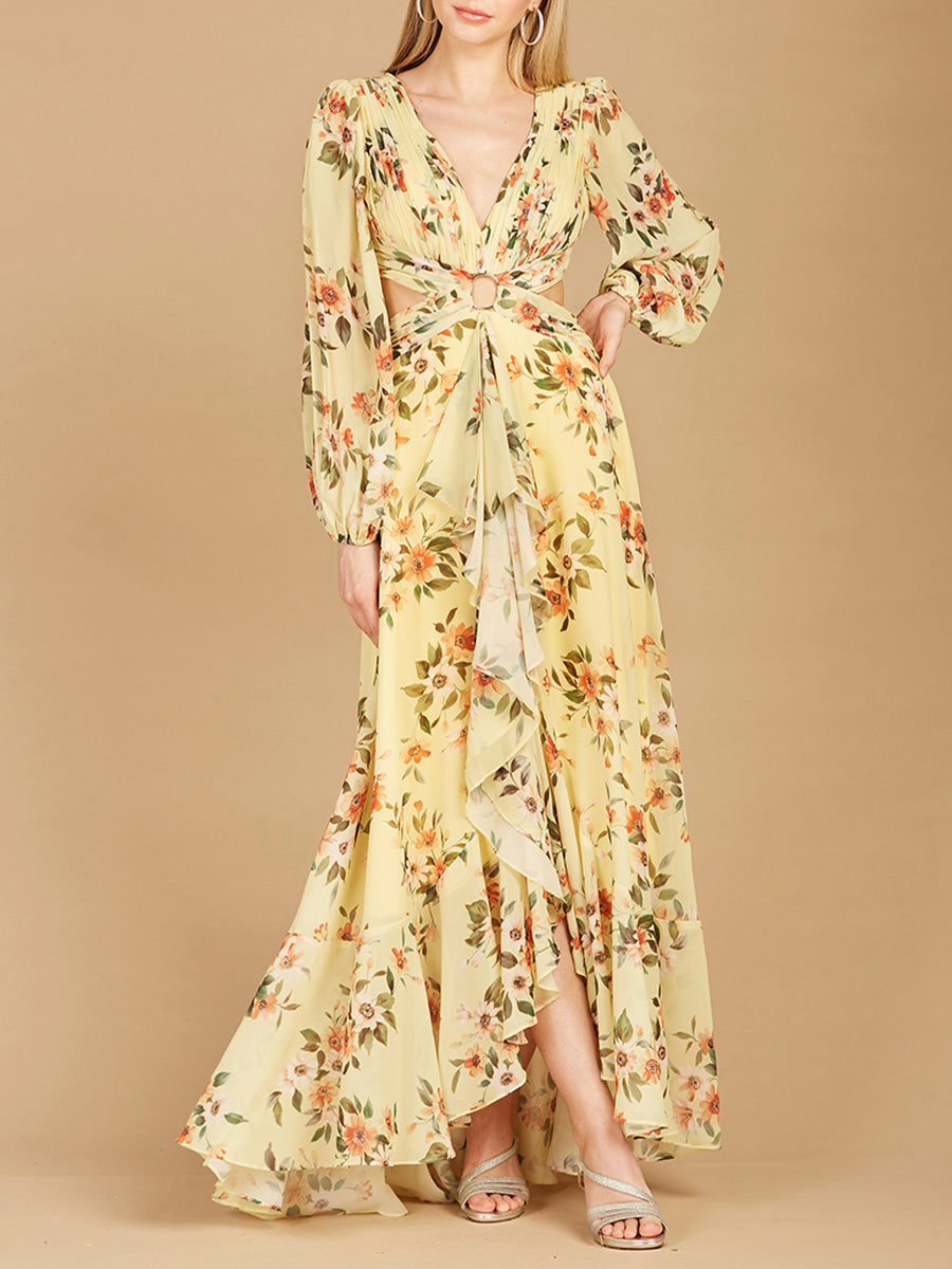 Long Sleeve V-Neck, Layered Skirt Print Dress- OUTLET - Glamourous Grace