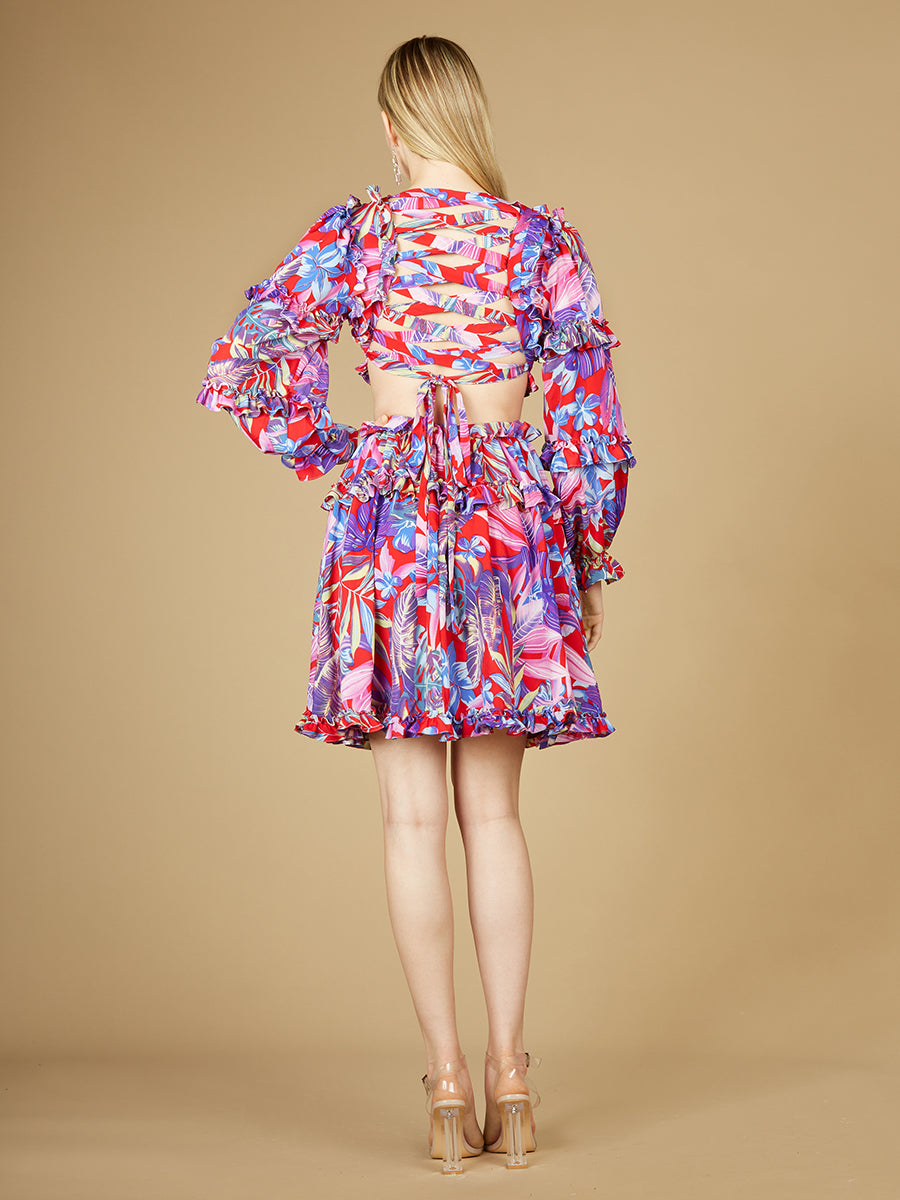 Long Sleeve Print Cocktail Short with Lace Up Back and Cutouts - OUTLET - Glamourous Grace