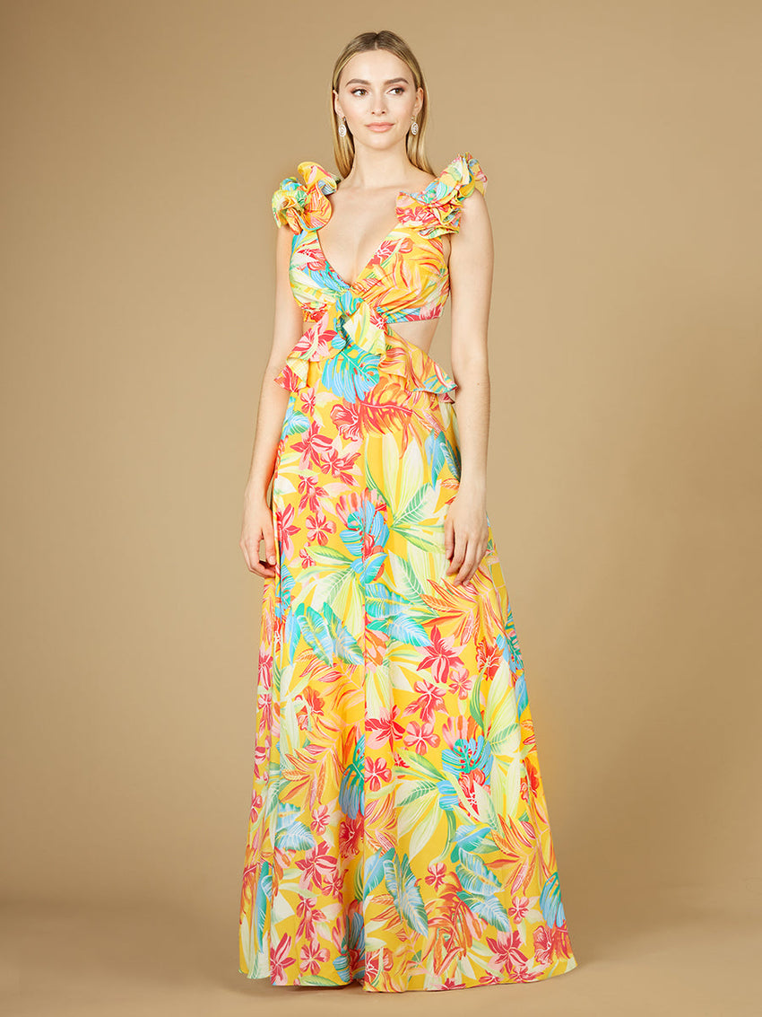 V-Neck Long Print Gown with Ruffled Straps - OUTLET - Glamourous Grace