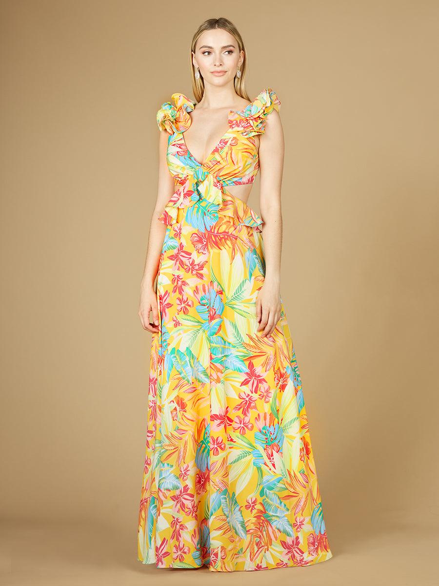 V-Neck Long Print Gown with Ruffled Straps - OUTLET - Glamourous Grace