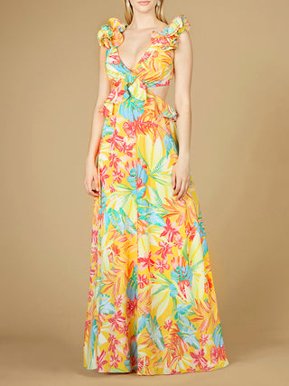 V-Neck Long Print Gown with Ruffled Straps - OUTLET - Glamourous Grace