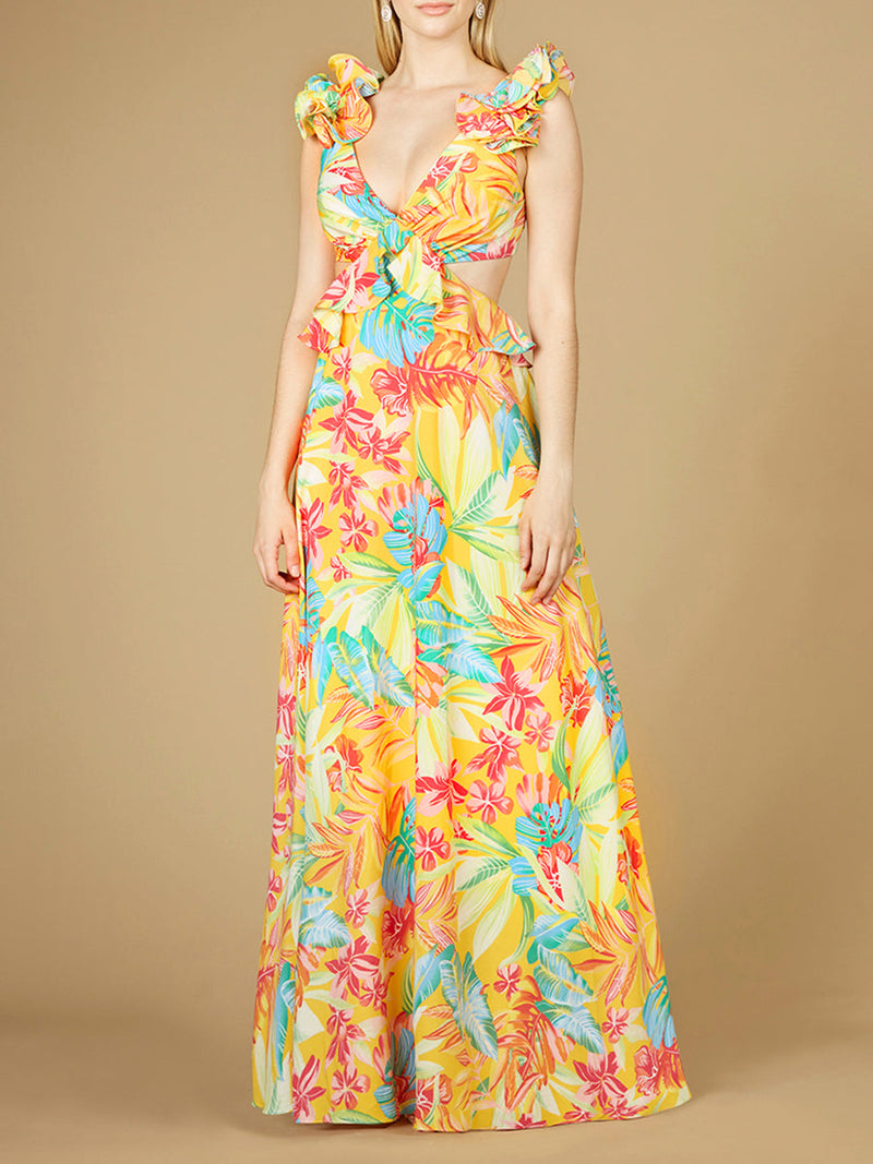 V-Neck Long Print Gown with Ruffled Straps - OUTLET - Glamourous Grace