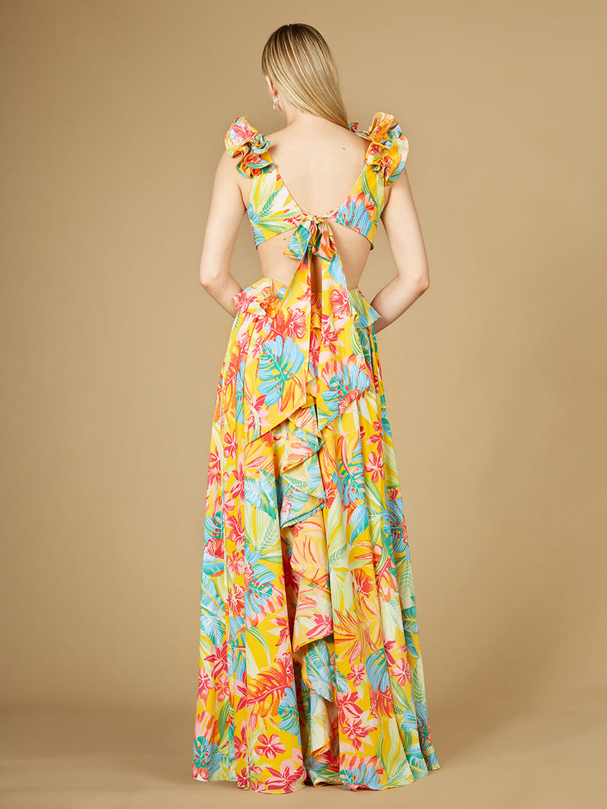 V-Neck Long Print Gown with Ruffled Straps - OUTLET - Glamourous Grace