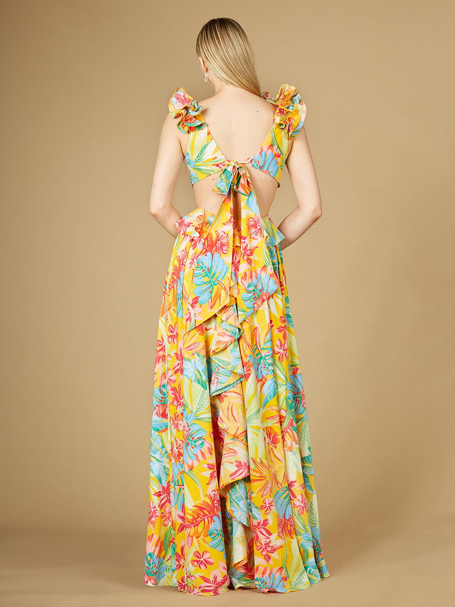 V-Neck Long Print Gown with Ruffled Straps - OUTLET - Glamourous Grace