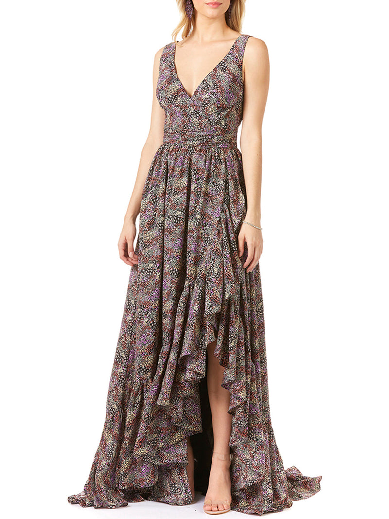 V-Neck Long Print Gown Hi-Low Wrap OUTLET - Glamourous Grace
