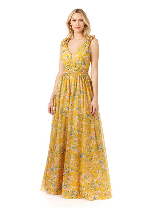 V-Neck Long Print Gown with Straps - Glamourous Grace