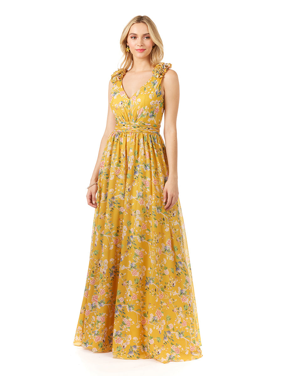 V-Neck Long Print Gown with Straps - Glamourous Grace