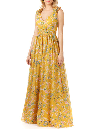 V-Neck Long Print Gown with Straps - Glamourous Grace