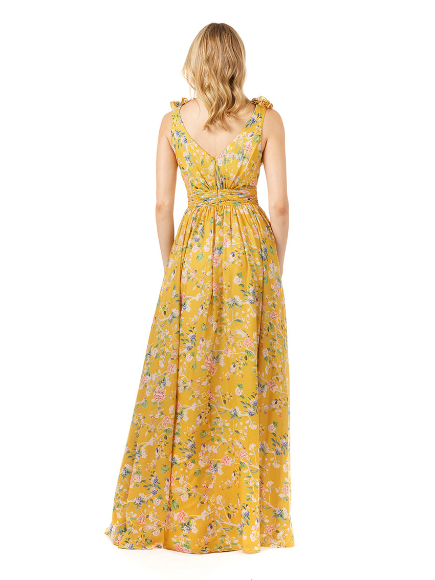 V-Neck Long Print Gown with Straps - Glamourous Grace