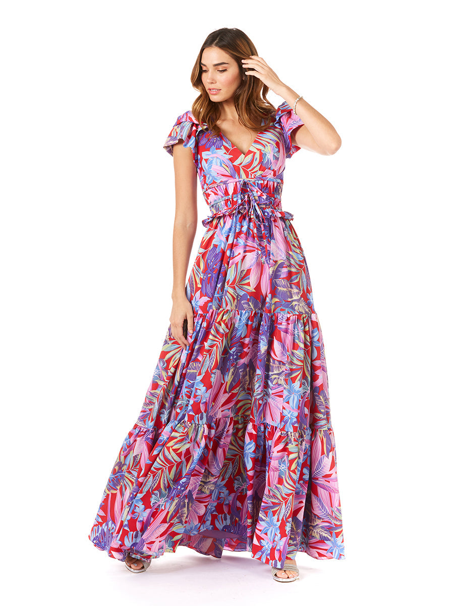 V-Neck Long Print Gown with Cap Sleeves - OUTLET - Glamourous Grace
