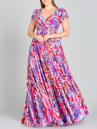 V-Neck Long Print Gown with Cap Sleeves - OUTLET - Glamourous Grace