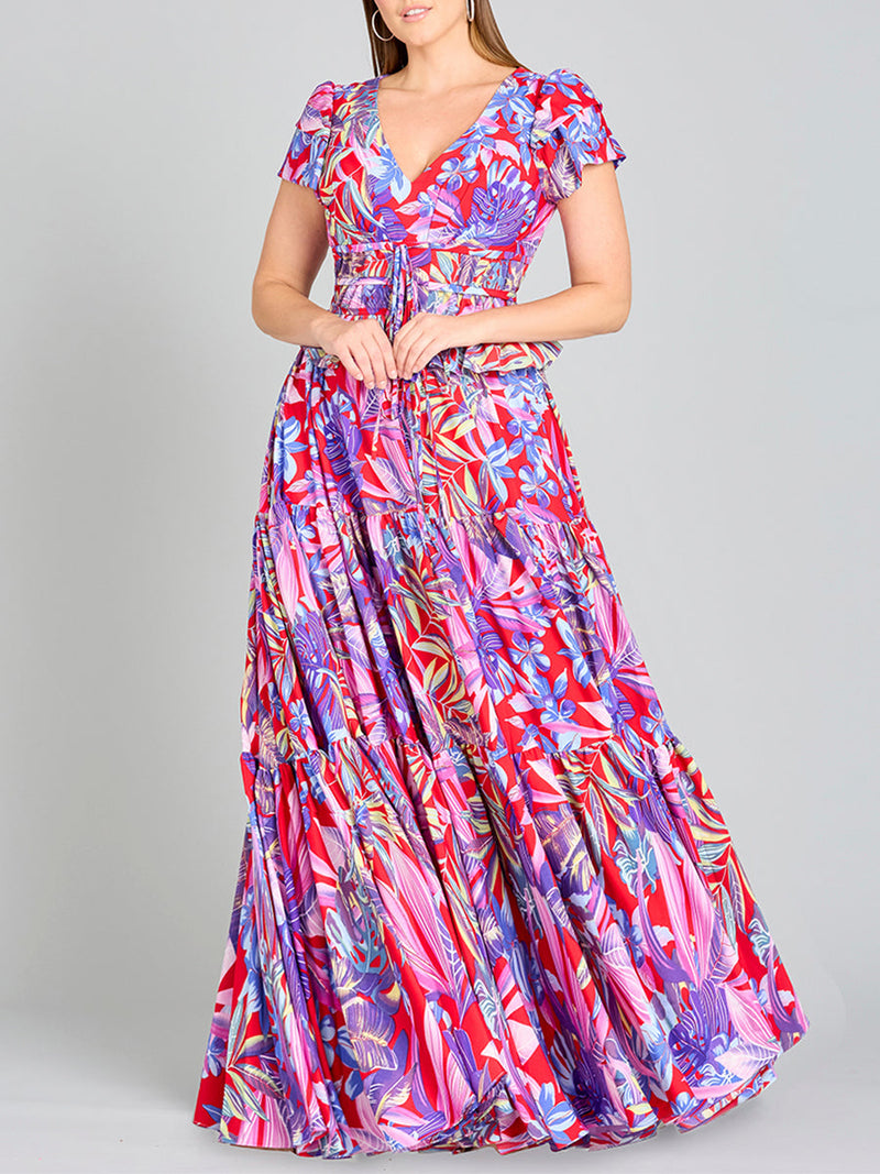 V-Neck Long Print Gown with Cap Sleeves - OUTLET - Glamourous Grace