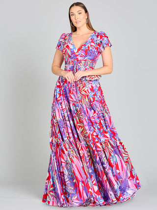 V-Neck Long Print Gown with Cap Sleeves - OUTLET - Glamourous Grace