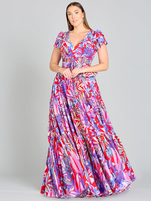 V-Neck Long Print Gown with Cap Sleeves - OUTLET - Glamourous Grace