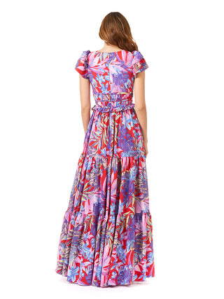 V-Neck Long Print Gown with Cap Sleeves - OUTLET - Glamourous Grace