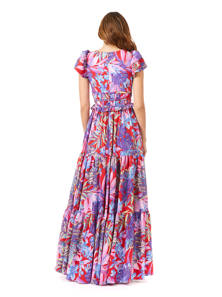 V-Neck Long Print Gown with Cap Sleeves - OUTLET - Glamourous Grace
