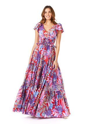 V-Neck Long Print Gown with Cap Sleeves - OUTLET - Glamourous Grace
