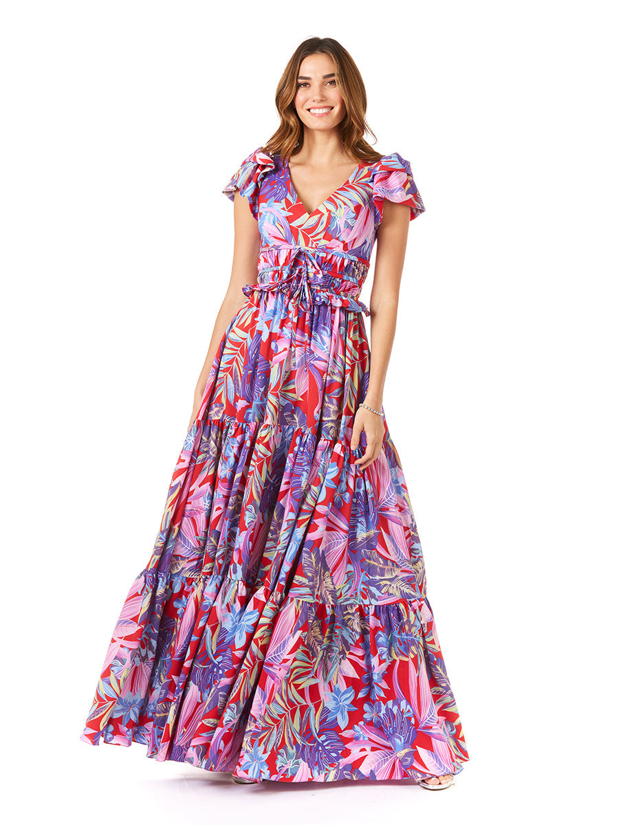 V-Neck Long Print Gown with Cap Sleeves - OUTLET - Glamourous Grace