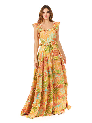 Ruffle Printed Gown with Straps OUTLET - Glamourous Grace