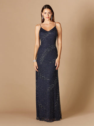 Beaded Spaghetti Strap Navy Full-Length Gown - Glamourous Grace