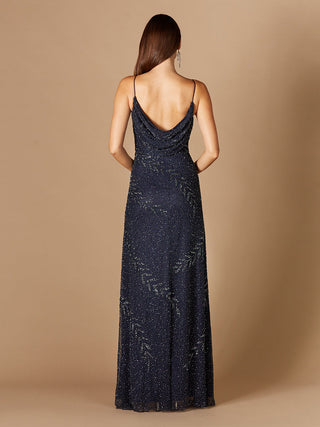 Beaded Spaghetti Strap Navy Full-Length Gown - Glamourous Grace
