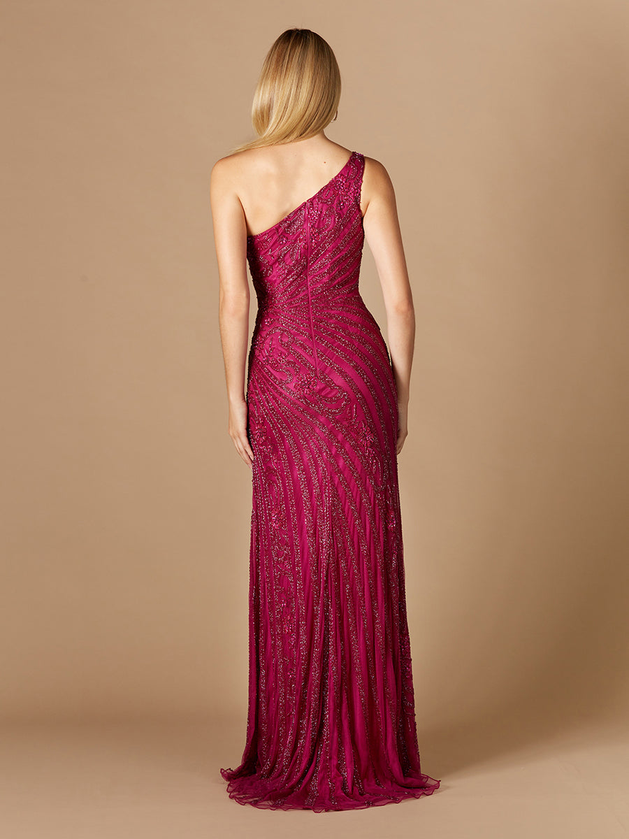 One-Shoulder Beaded Gown with Slit - Glamourous Grace