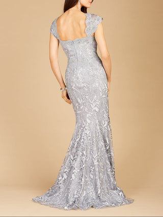 Lara New York fitted lace mermaid gown with intricate lace details and a sleek, figure-hugging silhouette.