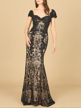 Black fitted lace mermaid gown by Lara New York, showcasing elegant body-hugging dress with intricate lace details.