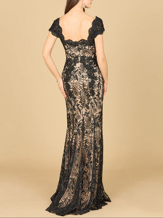 Black fitted lace mermaid gown by Lara New York, showcasing a form-fitting dress with intricate lace details and a mermaid silhouette.