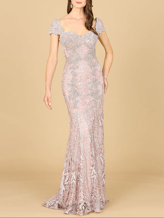 Lara New York fitted lace mermaid gown in dusty purple with intricate lace detailing and a fitted silhouette.