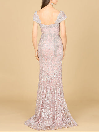Lara New York fitted lace mermaid gown in dusty purple with intricate lace details and a form-fitting silhouette.