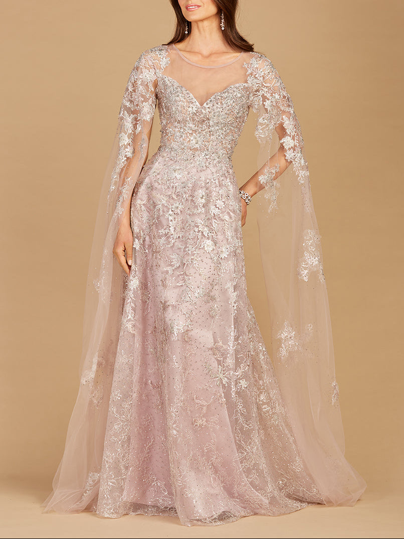 Lace Gown with Cape Sleeves, Sweetheart Neckline | 29300 - Glamourous Grace