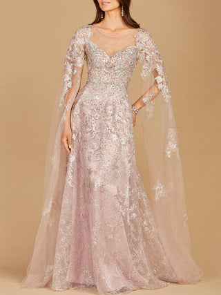 Lara New York lace gown with cape sleeves and sweetheart neckline, elegant evening dress displayed on a model.