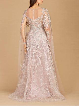 Lara New York lace gown with cape sleeves and sweetheart neckline, elegant evening dress with intricate lace details.