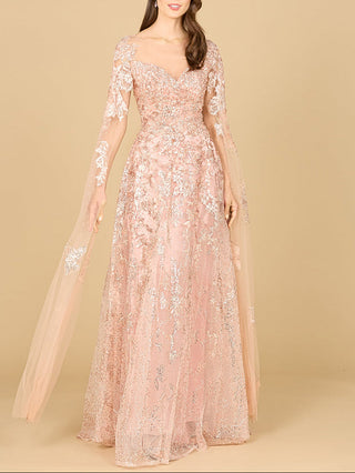 Blush lace gown with cape sleeves and sweetheart neckline by Lara New York, elegant evening dress with intricate lace details.
