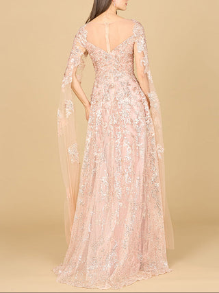 Lara New York blush lace gown with cape sleeves and sweetheart neckline, elegant evening dress.