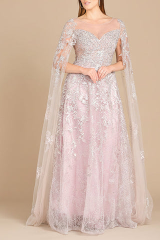 Lara New York lace gown with cape sleeves and sweetheart neckline, mauve color, elegant evening dress for formal occasions.