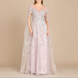 Mauve lace gown with cape sleeves and sweetheart neckline by Lara New York, featuring intricate lace detailing.