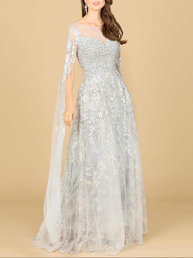 Lace Gown with Cape Sleeves, Sweetheart Neckline | 29300 - Glamourous Grace