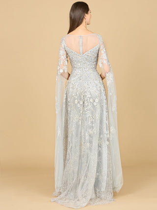 Lara New York lace gown with cape sleeves and sweetheart neckline, elegant evening dress displayed on a hanger.