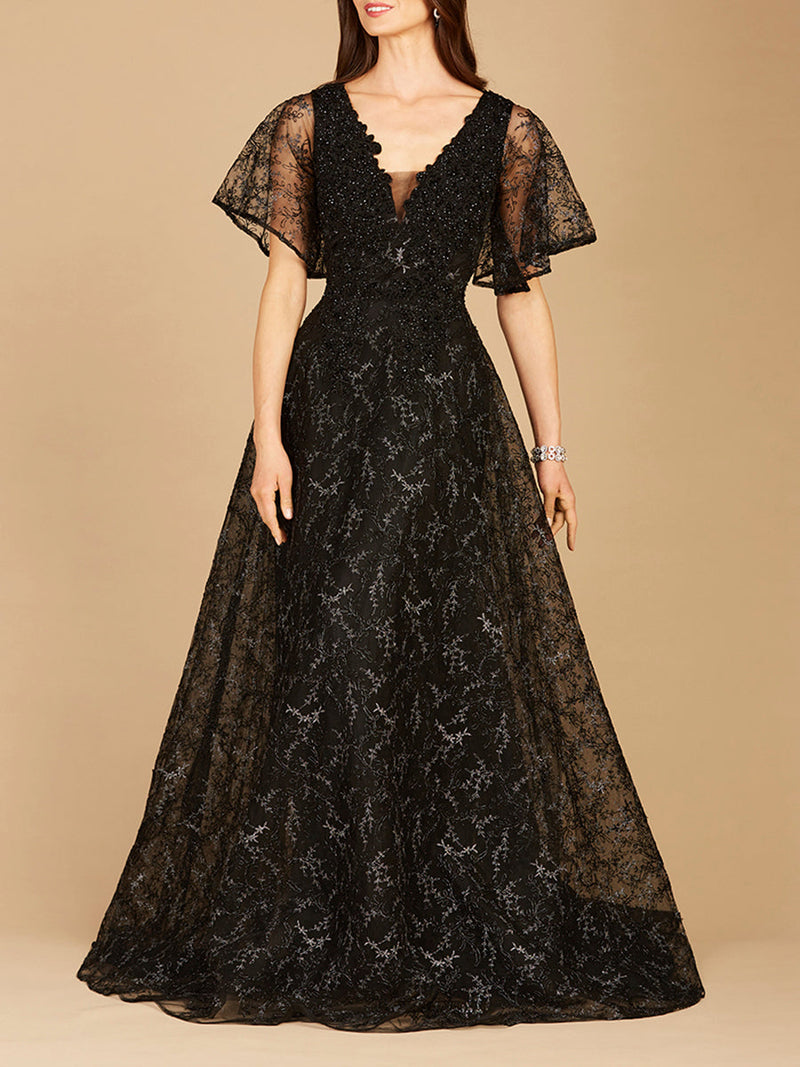 Cape Sleeve Beaded Gown in Black  - OUTLET - Glamourous Grace