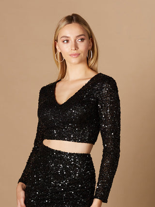 Long Sleeve V-Neck Beaded Top - Glamourous Grace