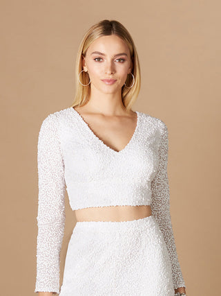 Long Sleeve V-Neck Beaded Top - Glamourous Grace