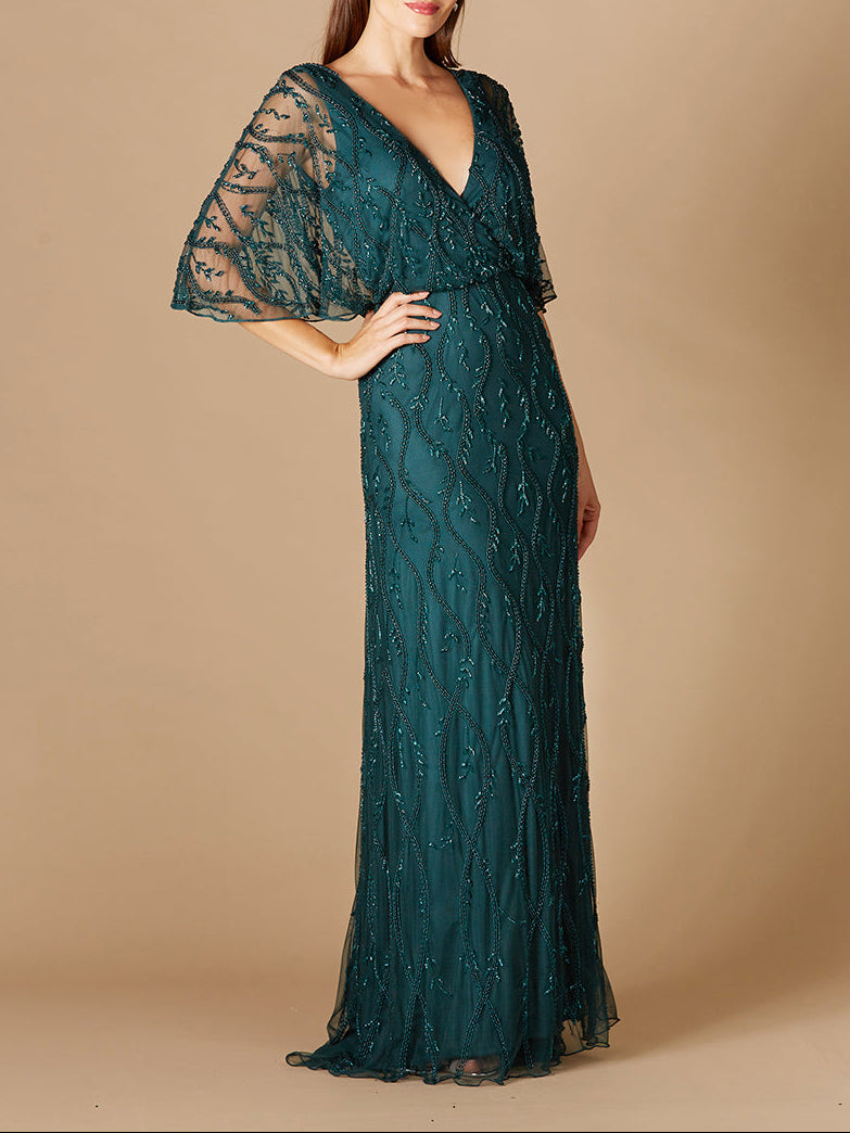 Illusion Cape Sleeve Beaded Gown - Glamourous Grace