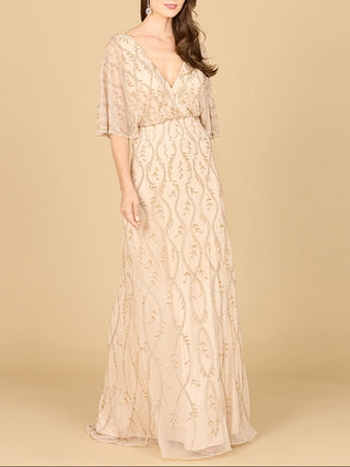 Illusion Cape Sleeve Beaded Gown - Glamourous Grace