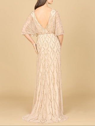 Illusion Cape Sleeve Beaded Gown - Glamourous Grace