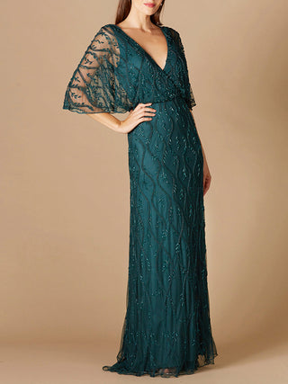 Illusion Cape Sleeve Beaded Gown - Glamourous Grace